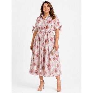Calvin Klein Shirt Dress 16 Pink Floral Watercolor Tie Sleeve Midi Belted Pocket